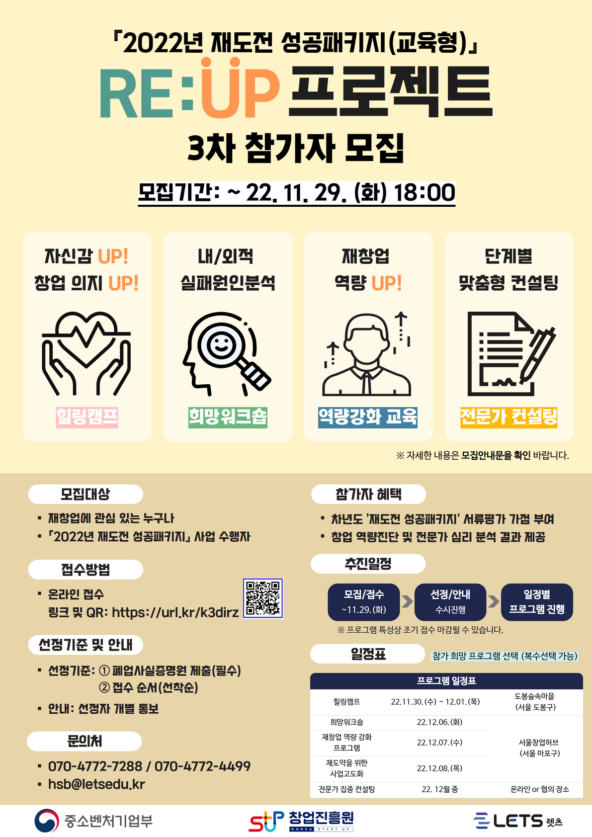 창업진흥원『2022 재도전 성공패키지(교육형)』 RE:UP 프로젝트 3차 참가자 모집